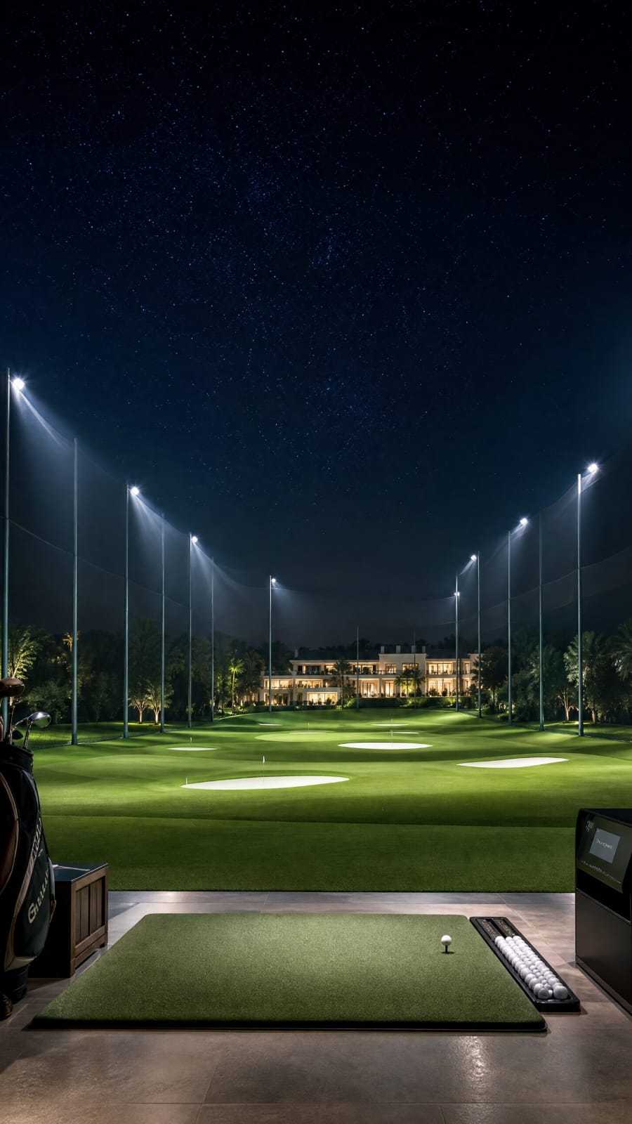 Driving range residencial com iluminação cênica à noite