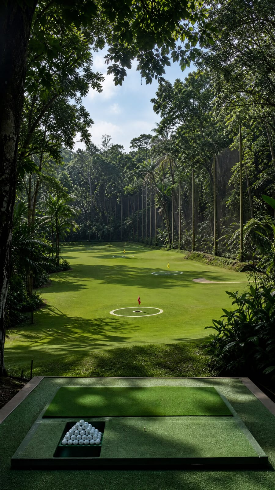 Putting Green residencial com ondulações e múltiplas bandeiras