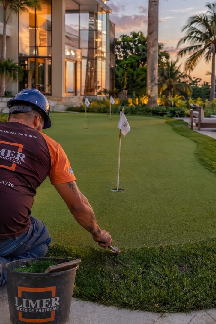 Entrega: equipe LIMER finalizando putting green ao pôr do sol